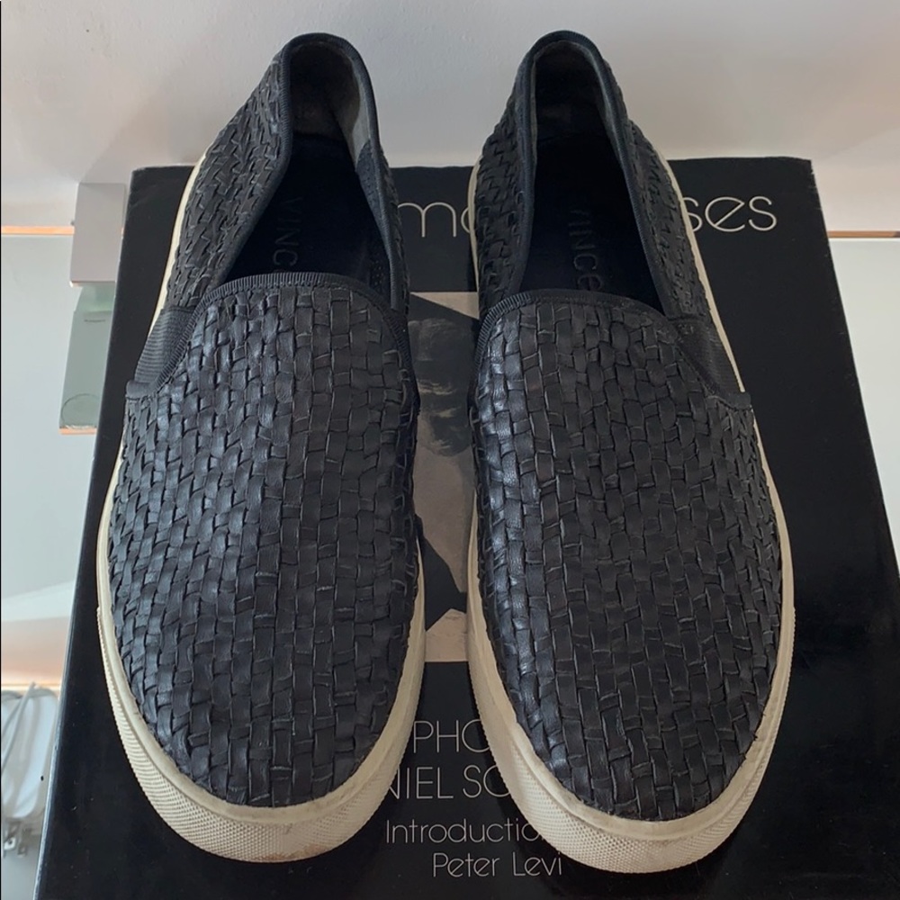 Black Woven Leather Slip On shoes by Vince